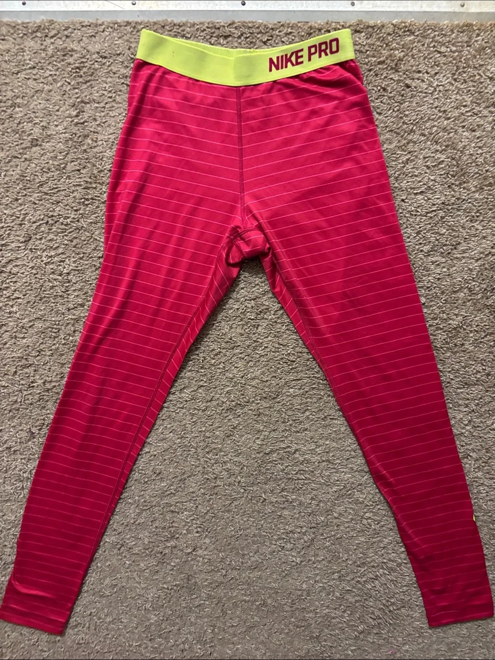 Nike Pro Dri-Fit Womans Md Pink Stripe Compression Tights with Lime Waistband